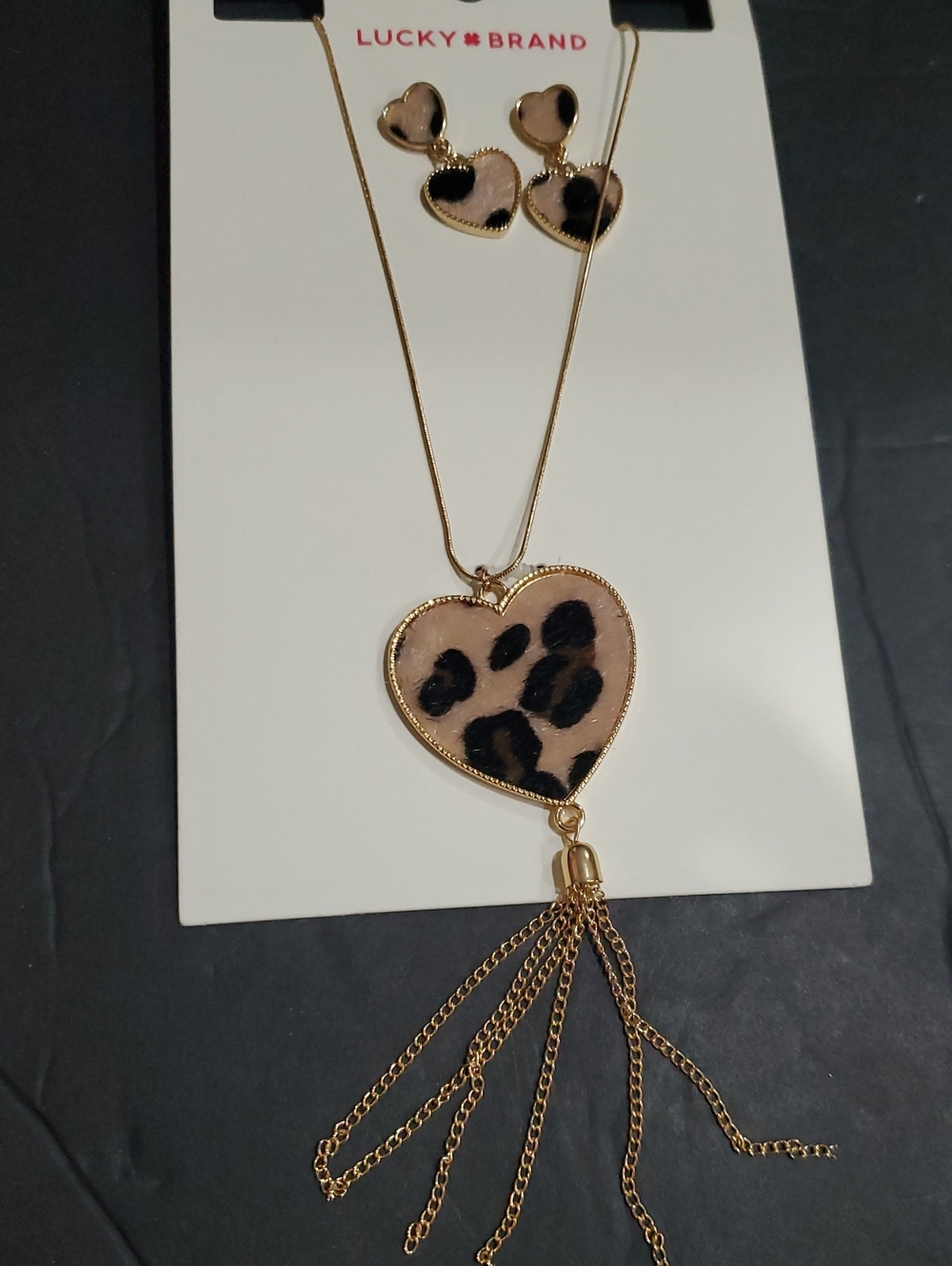 Lucky Brand heart shaped calf hair dangle earring & fringe pendant necklace set - Picture 5 of 8